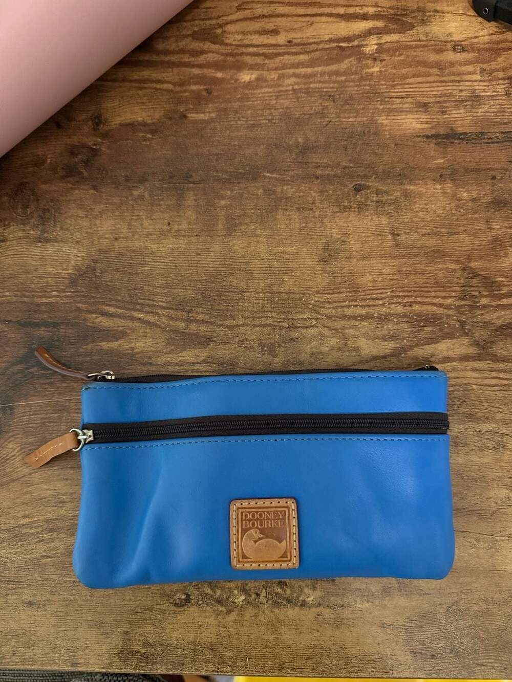 Dooney & Bourke Blue Leather Double Zip Wristlet Clutch Wallet